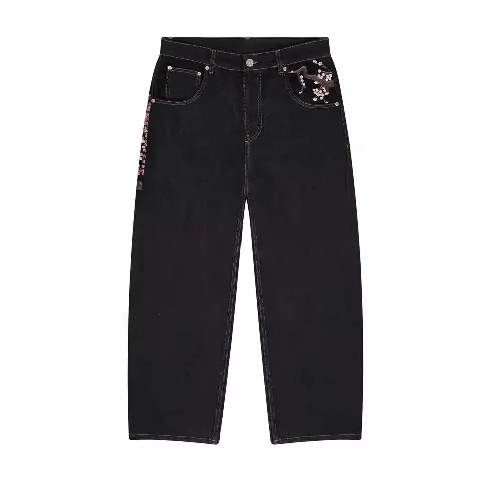 Abito casual retrò vita bassa hip hop fiori di ciliegio jeans ricamati pantaloni a gamba larga y2k abbigliamento jeans larghi ricamati da uomo