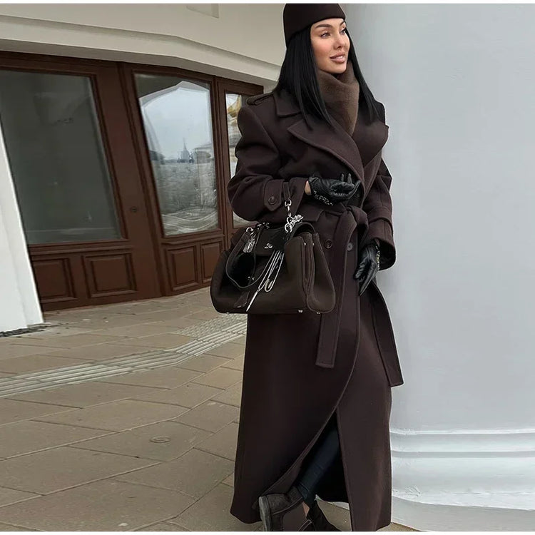 Fashion Solid Women's Wool Coat Lapel Double Breasted Button Long Sleeves Loose Coat Chic 2026 Autumn Winter New Street Wear