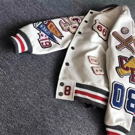 Men's Spring Autumn baseball uniform Retro Trend Men Leather Jacket heavy industry Embroidery white short Coat ins hot sale