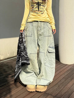 YIBASHU Jeans Neri Gotici Emo Y2k da Donna, Stile Japandi Vintage Oversize, Pantaloni Larghi in Denim Harajuku