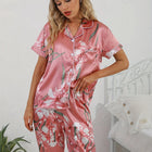 Set pigiama in raso con stampa floreale Top con risvolto a maniche corte liscio e confortevole e pantaloni lunghi accoglienti abbigliamento da casa e da notte da donna