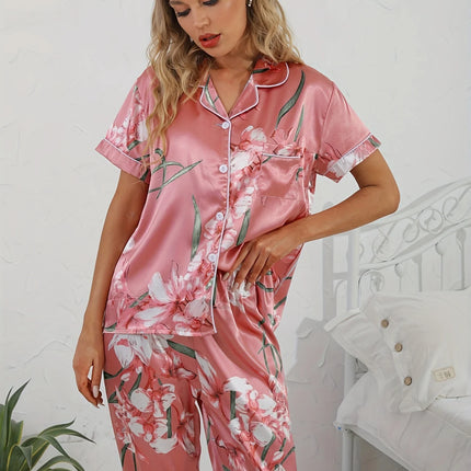 Set pigiama in raso con stampa floreale Top con risvolto a maniche corte liscio e confortevole e pantaloni lunghi accoglienti abbigliamento da casa e da notte da donna