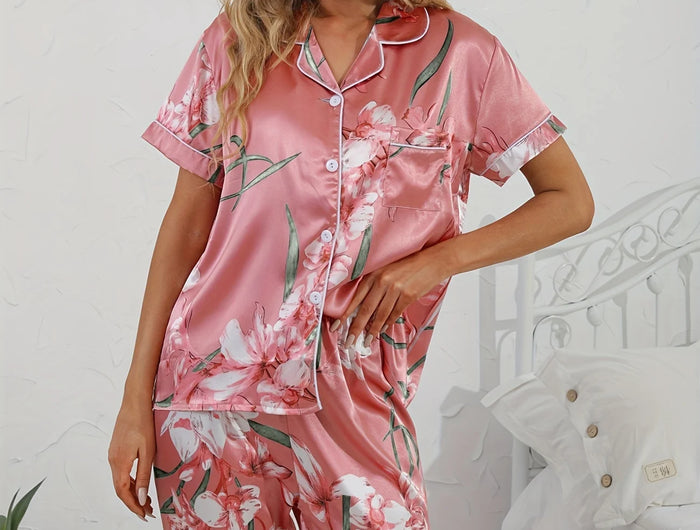 Set pigiama in raso con stampa floreale Top con risvolto a maniche corte liscio e confortevole e pantaloni lunghi accoglienti abbigliamento da casa e da notte da donna