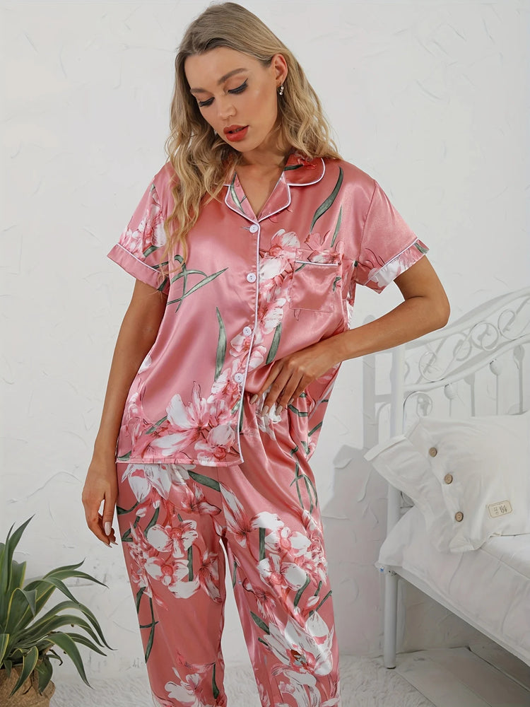 Set pigiama in raso con stampa floreale Top con risvolto a maniche corte liscio e confortevole e pantaloni lunghi accoglienti abbigliamento da casa e da notte da donna