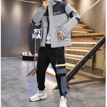 Men's Casual Sports Sets Spring Autumn Tracksuit Jogging Set Patchwork flight Hooded jacket pants two Piece