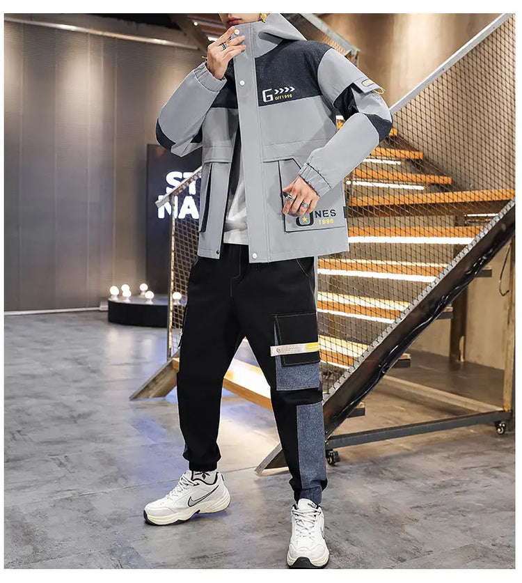 Men's Casual Sports Sets Spring Autumn Tracksuit Jogging Set Patchwork flight Hooded jacket pants two Piece