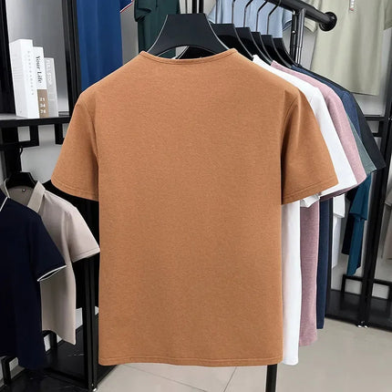 New Men's Casual and Fashionable Three Button V-neck Solid Color Short Sleeved T-shirt Summer Versatile Top PlatiNum