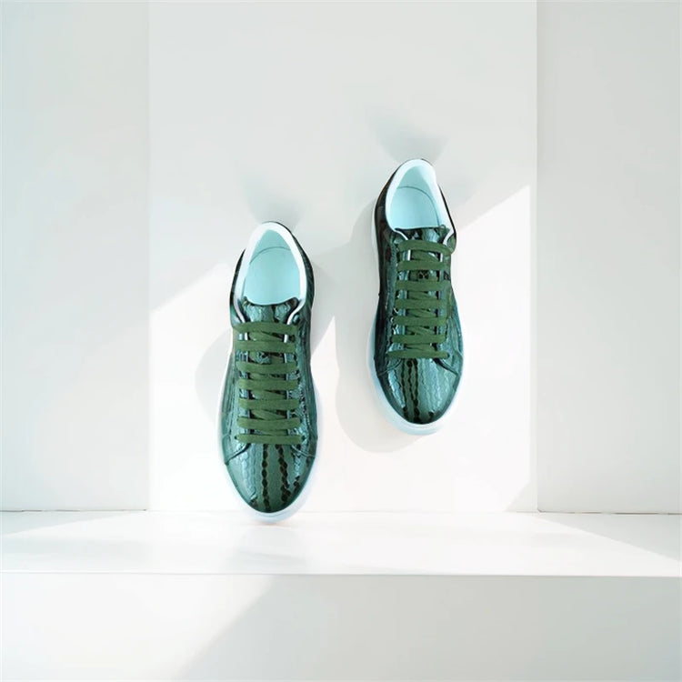 Leather Sneakers Men Calfskin Stone Pattern Casual Shoes Lace Up Flats Daily Footwear