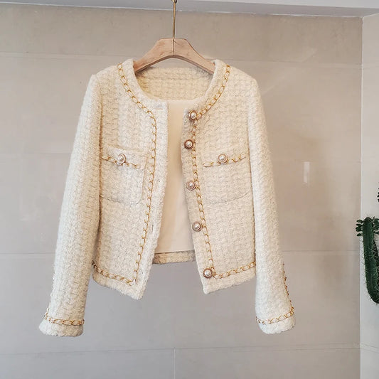 2025 Luxury New Arrival Fall Winter Ssweet Tweed Chain Design Jacket Women's Woolen Coats Elegant Slim Casual Outerwear Top