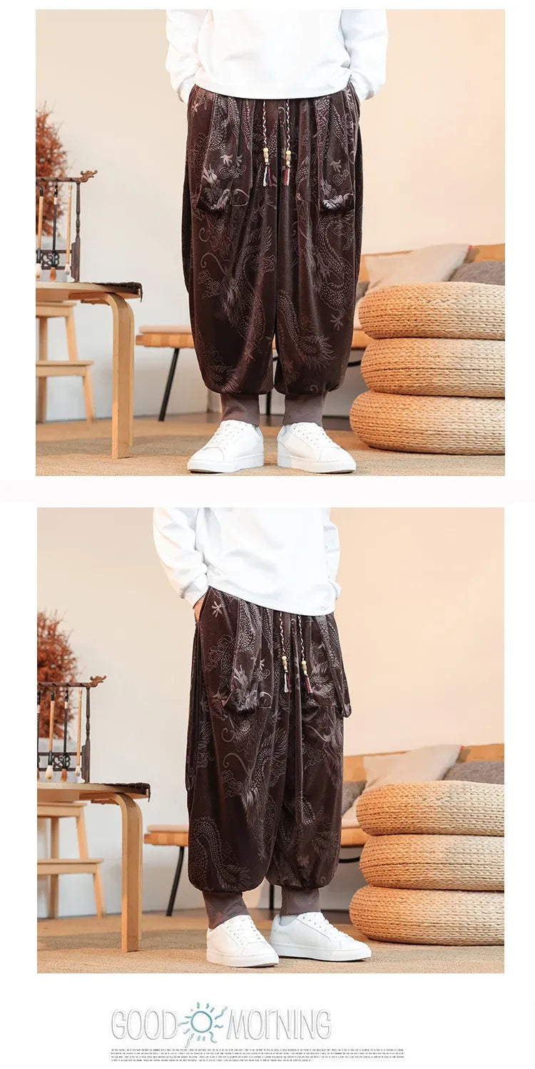 Pantaloni da uomo stile cinese retrò allentato drago scuro stampa pantaloni a gamba larga Kung Fu Tai Chi pantaloni casual tradizionali taglie forti 5XL