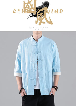 Camicie in Stile Cinese per Uomo, Top Tradizionale Tang in Lino a Mezza Manica, Camicia Kung Fu Hanfu Vintage Casual, Taglie Grandi fino a 5XL