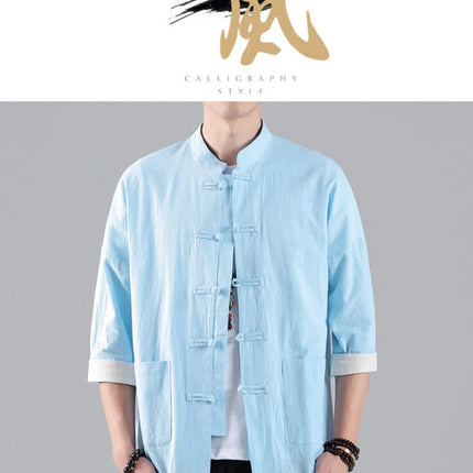 Camicie in Stile Cinese per Uomo, Top Tradizionale Tang in Lino a Mezza Manica, Camicia Kung Fu Hanfu Vintage Casual, Taglie Grandi fino a 5XL