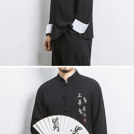 Camicie a maniche lunghe da uomo Ricamo tradizionale in cotone e lino Casual Tang Suit Cardigan da uomo Camicette Kung Fu retrò stile cinese da uomo