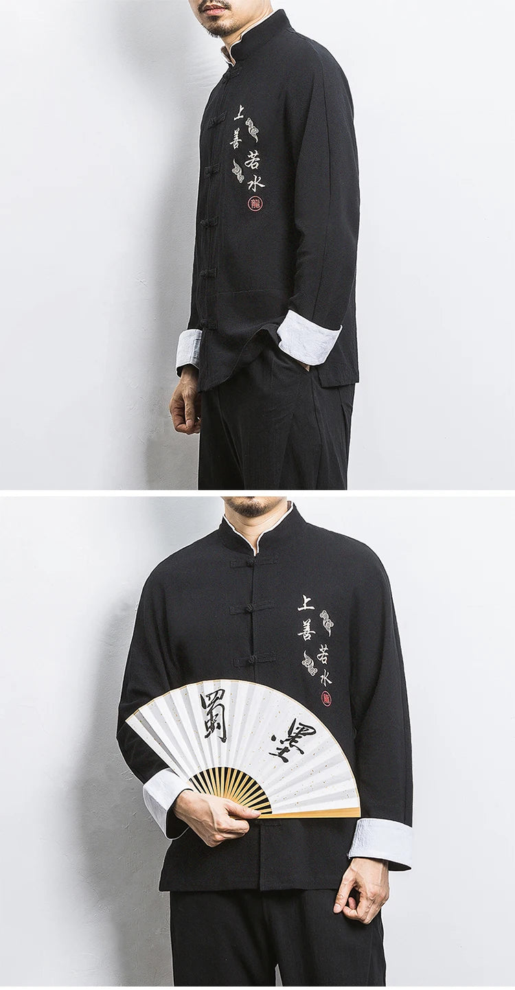 Camicie a maniche lunghe da uomo Ricamo tradizionale in cotone e lino Casual Tang Suit Cardigan da uomo Camicette Kung Fu retrò stile cinese da uomo