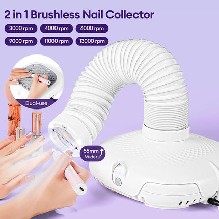 Powerful 130W Nail Dust Extractor Vacuum Cleaner 6 Gear Adjustable Suction with 360° Flexible Tube Manicure Dust Collector for Nail Stylist Salon & Home Nail Art