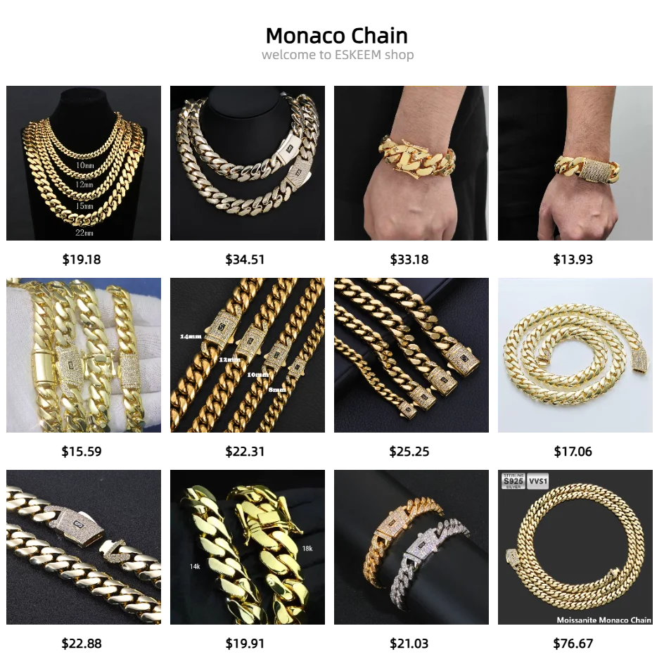 ESKEEM All'ingrosso 10/12/15/22mm 14K/18K Placcato Oro Pesante Miami Collana a Catena a Maglia Cubana per Gli Uomini Hip Hop Gioielli Catene Cubane