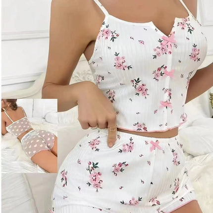 Pigiama sexy da donna in 2 pezzi Set Pigiama in rete trasparente con stampa a cuore Cami Top pantaloncini Taglie forti Indumenti da notte Bianco Ventilato