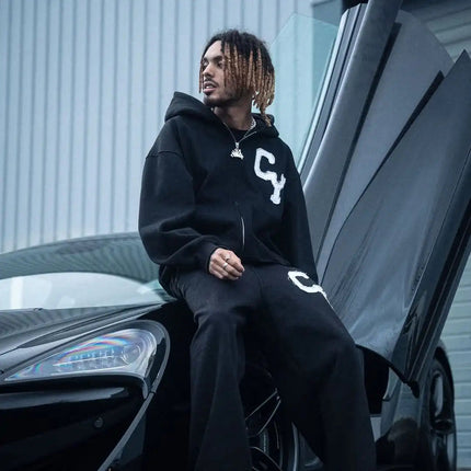 Streetwear Men's Fashion C Y Letter Zipper Set Multiple Colors Available Street Style Relaxed Unique Look Casual Two-Piece Set PlatiNum