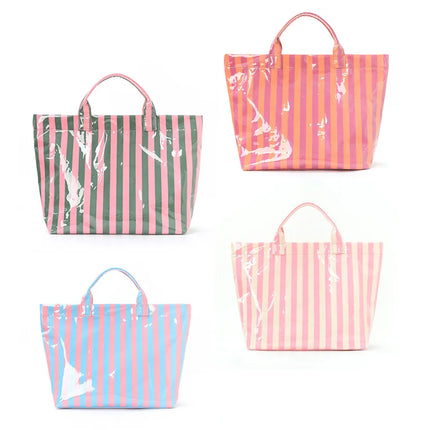Striped PVC Tote Bag, Large Capacity Travel and Commuter Shoulder Bag | Lightweight Magnetic Bag with Inner Zip Pocket