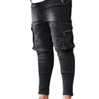 Street Elastic Jeans Men Denim Cargo Pants Wash Solid Color Multi Pockets Casual Mid Waist Trousers Slim Fit Daily Wear Joggers PlatiNum