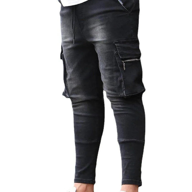 Street Elastic Jeans Men Denim Cargo Pants Wash Solid Color Multi Pockets Casual Mid Waist Trousers Slim Fit Daily Wear Joggers PlatiNum