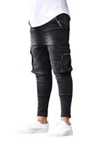 Street Elastic Jeans Men Denim Cargo Pants Wash Solid Color Multi Pockets Casual Mid Waist Trousers Slim Fit Daily Wear Joggers PlatiNum