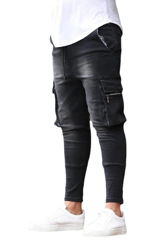 Street Elastic Jeans Men Denim Cargo Pants Wash Solid Color Multi Pockets Casual Mid Waist Trousers Slim Fit Daily Wear Joggers PlatiNum