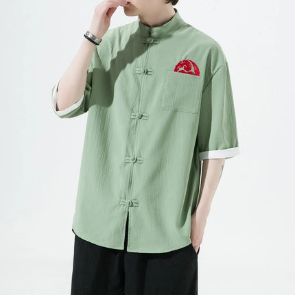 Camicie Retrò da Uomo Ricamate Stile Kung Fu Tai Chi, Camicie Casual a Maniche Corte, Stile Cinese in Lino Traspirante e Cotone per Uomo