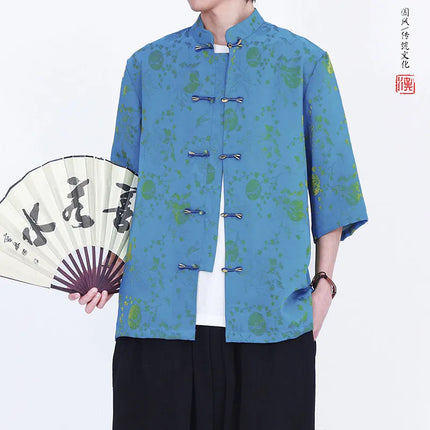 Camicie Estive da Uomo in Stile Cinese Tradizionale, Camicia Casual Kung Fu Tai Chi, Camicia di Lusso Jacquard Traspirante a Maniche Corte