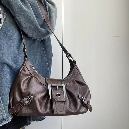 Y2K Vintage Distressed Leather Women Bag Shoulder Bag Maillard Style Underarm Purse Two Tone Crossbody Bag for Women PlatiNum