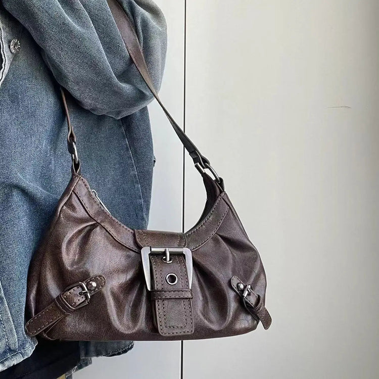 Y2K Vintage Distressed Leather Women Bag Shoulder Bag Maillard Style Underarm Purse Two Tone Crossbody Bag for Women PlatiNum