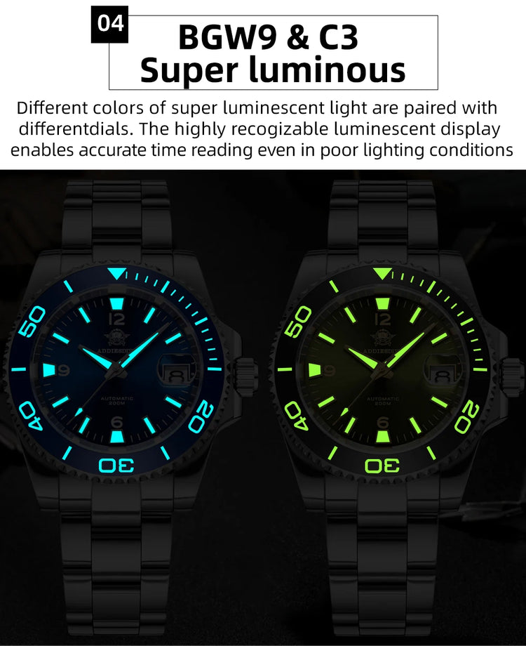 ADDIESDIVE Men Fashion Diving Mechanical Watch, Sapphire Crystal 20Bar Ceramic Bezel Super Luminous Stainless Steel Personalized