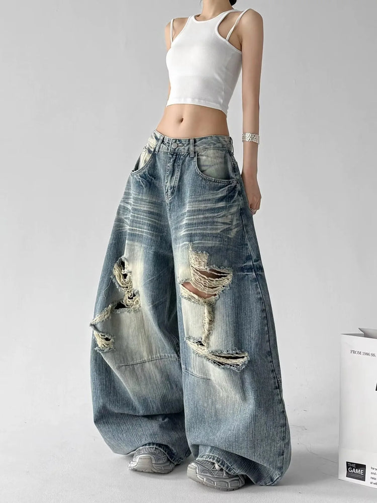 Jeans Larghi da Donna Stile High Street, Denim Distressed, Moda Primavera 2026, Nuovi Arrivi, Pantaloni Lunghi