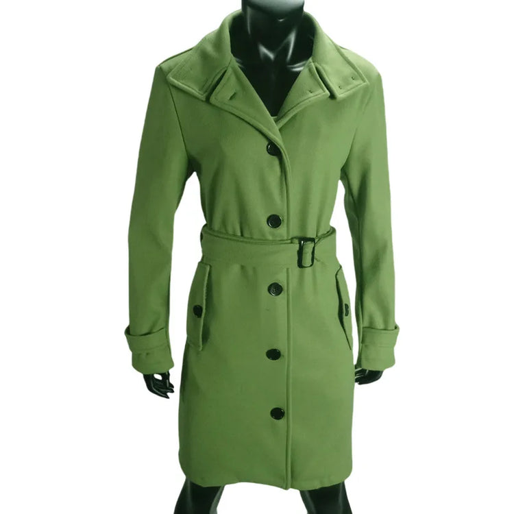 New Solid Color Button Long Wool Coat Autumn Warm Stand Collar Women Coat Fashion Ladies High Neck Pocket Belt Trench Coat