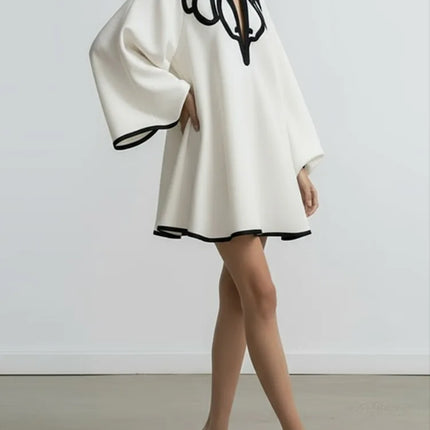 2026 New Women's Hollowed V-neck Mini Dress Flared Sleeves Pleated Dress Spring Elegant Contrast Trim Chic Party Dress