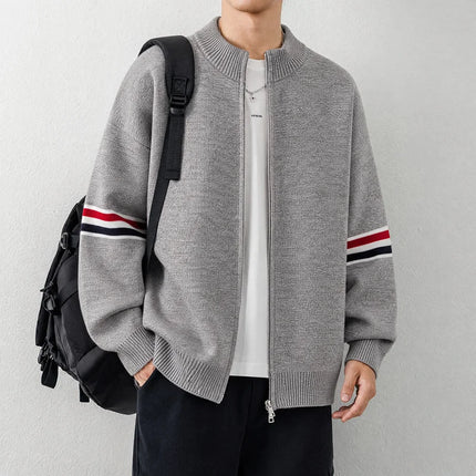 High End Men's Knitted Cardigan Autumn Winter Round Neck Zipper Casual Luxury Brand Classic Trendy Striped Korean Simple Sweater