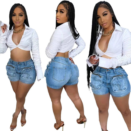 Cargo Jean Women Denim Shorts Solid Jean Spliced Pockets High Waist Distressed Washed Slim Casual Summer Zipper Fly 2026 PlatiNum