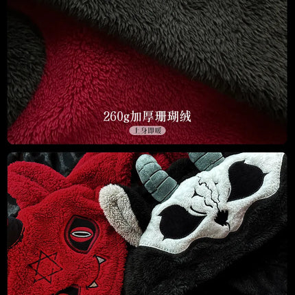 Virtual Alice Dark Gothic Demon Death Skull Horned Hooded Robe Thickened Coral Fleece Winter Warm Long Sleepwear Loungewear