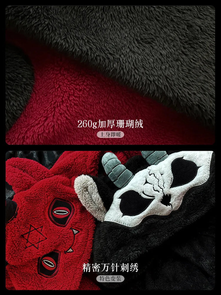Virtual Alice Dark Gothic Demon Death Skull Horned Hooded Robe Thickened Coral Fleece Winter Warm Long Sleepwear Loungewear