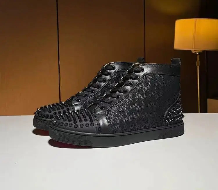 Black Studded Leather Rivets High-Top Sneakers Classic Designer Style Round Toe Men's Sports Shoes Comfort Lace-Up Casual Shoes