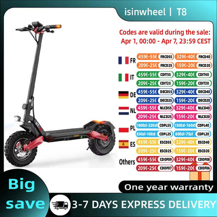 Isinwheel T8 Scooter elettrico per adulti 1200W 48V15Ah Batteria Scooter elettrico pieghevole Pneumatici solidi da 10 pollici Scooter elettrico da città platinumshop