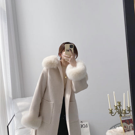 2024 New Oversize Ladies Outerwear Real Fur Coat Winter Jacket Women Natural Fox Fur Collar Cuffs Hood Cashmere Wool Woolen