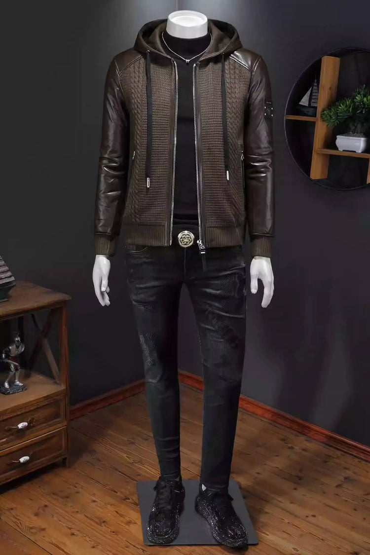 Winter Jackets Mens Duck Down Jacket Men 2025 Autumn Men's Knitted Spliced Leather Jacket Hooded Down Jacket Coat Kurtka Zimowa