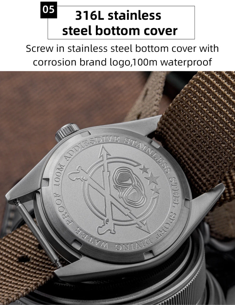 ADDIESDIVE 36mm Men's Analog Watch Bubble Mirror Glass 100m Waterproof Luminous Watch Simple Men Quartz Watches with Nylon Strap