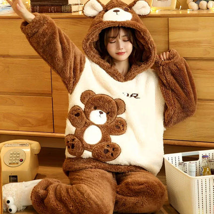 2024 New Plush Pajamas Set for Women Thick Hooded Women 2 Piece Clothes Set Cute Rabbit Women Pyjamas Coral Fleece Warm Homewear