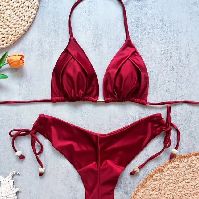 2026 Sexy Bikini a Pieghe Tinta Unita Micro Bikini Donna Costume da Bagno Femminile Triangolare Abbigliamento da Spiaggia platinumshop