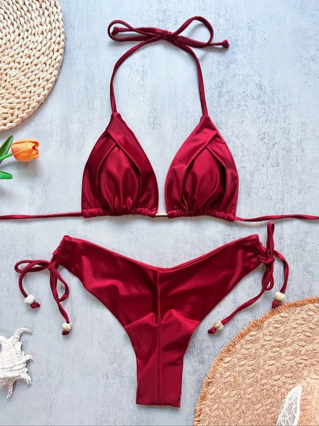 2026 Sexy Bikini a Pieghe Tinta Unita Micro Bikini Donna Costume da Bagno Femminile Triangolare Abbigliamento da Spiaggia platinumshop