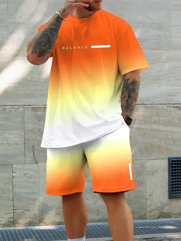 Pantaloncini a maniche corte da uomo con stampa sfumata Set Set di moda da uomo hawaiano T-shirt casual da uomo estiva Pantaloncini da uomo da spiaggia all'aperto