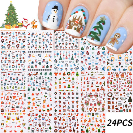 24Pcs 3D Christmas Nail Stickers Cartoon Santa Claus Elk Snowman Snowflakes Self-Adhesive Nail Decals Kid Girl Xmas Gift Sliders