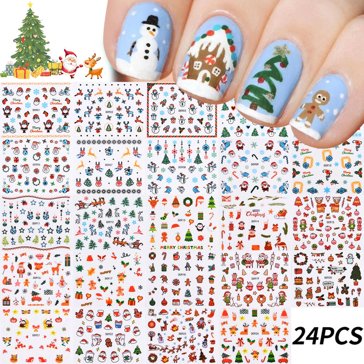 24Pcs 3D Christmas Nail Stickers Cartoon Santa Claus Elk Snowman Snowflakes Self-Adhesive Nail Decals Kid Girl Xmas Gift Sliders